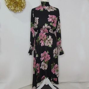 Nanette Lepore Women's Ls Dress Smock Dtls Hi Low, Black Pink Multi Print